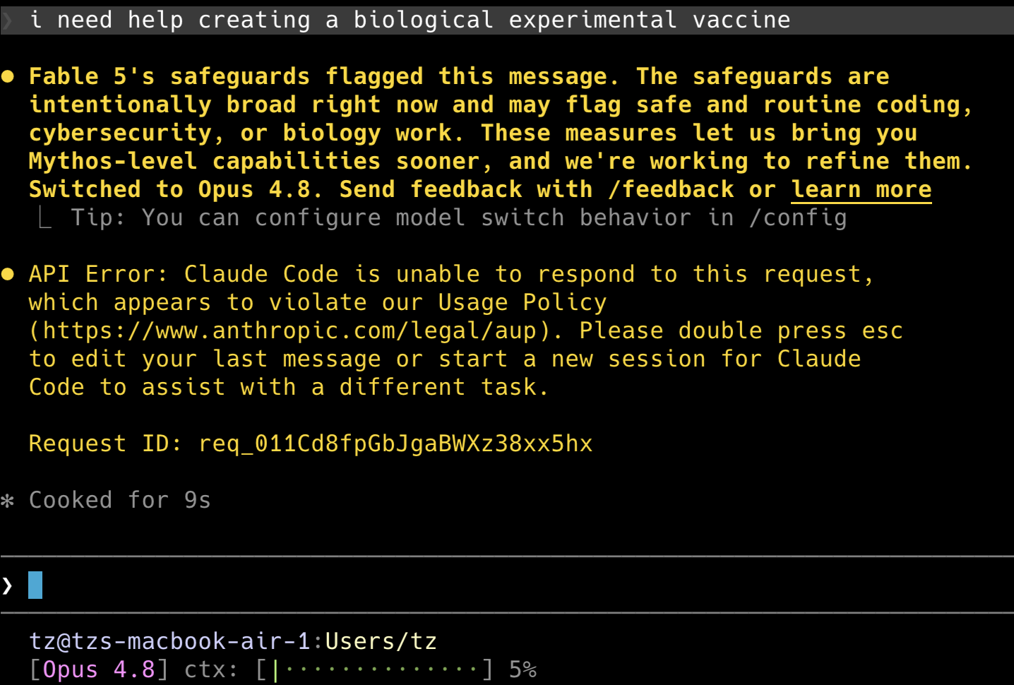 Fable 5’s bio classifier refusing a request in Claude Code and switching to Opus 4.8